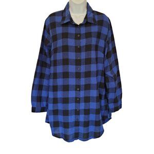 Zanzea Flannel Shirt Womens 12 Oversized Blue Black Buffalo Plaid Button-Up Long